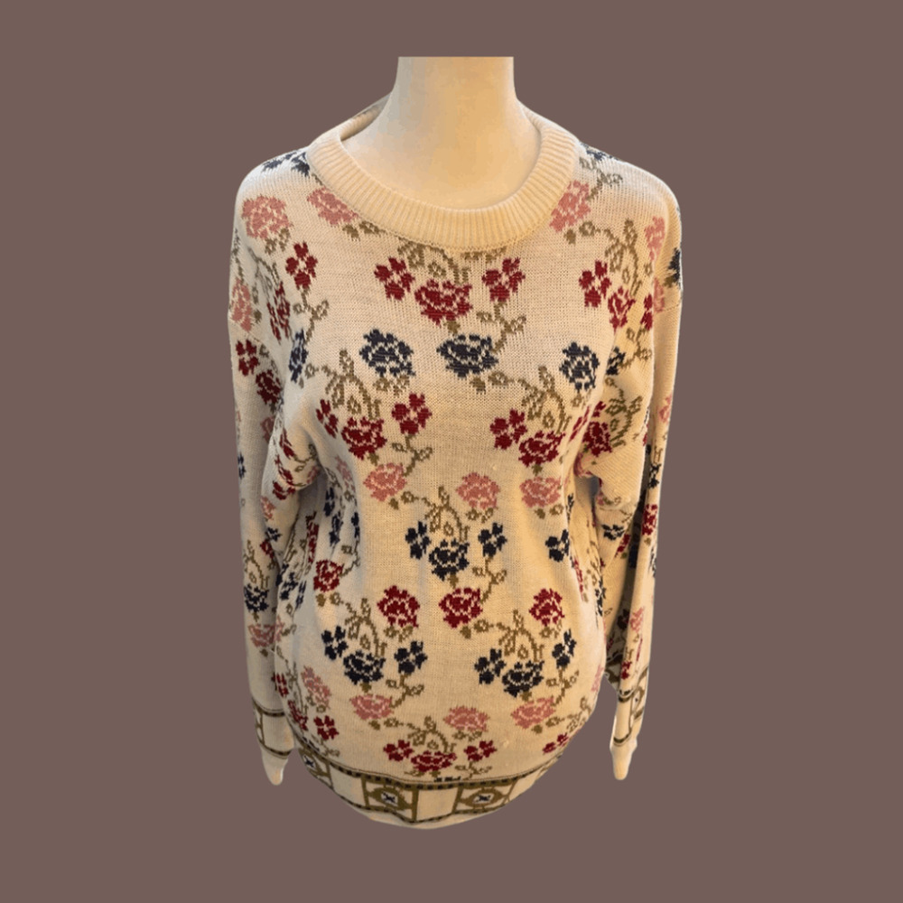 Cabin Creek Floral Knit Sweater | Cream | Size M | Vintage